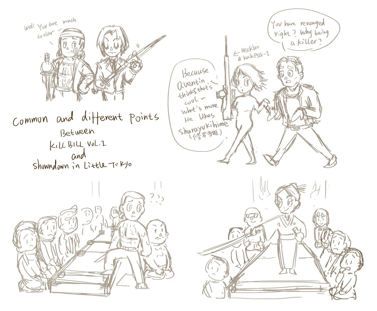 Guymay4's tweet image. Some sketches about the common and different points between Quentin's Kill Bill 1 and Cary's Showdown in Little Tokyo~
Quentin copied the main story and  many elements from Showdown🤭but he is so good at playing music and making everything cool…
#killbill1 #showdowninlittletokyo