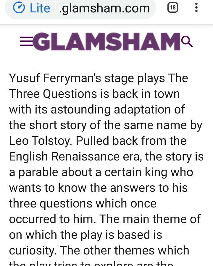Check what Glamsham.com has to say about my adaptation of The Three Questions.
#colouroflife #Literature #LiteraturePosts #Theatre   #literatura #Writer #classic #story #storytelling #books #fiction #leotolstoy #shortstory #Nobel #writingcommmunity #Writer #WritersCafe