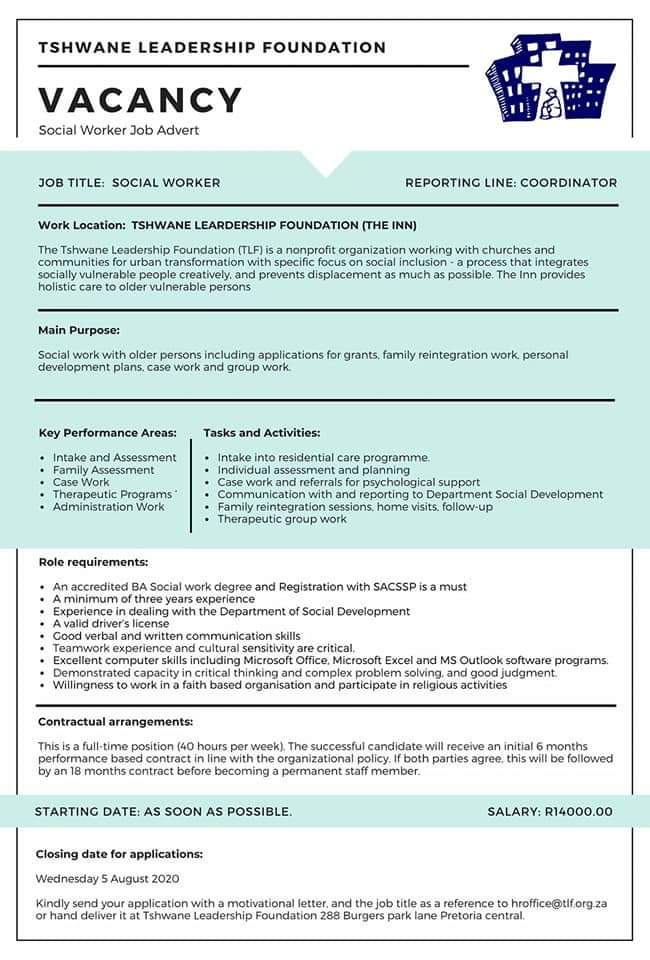 wy_foundation's tweet photo. Dear Winners.
Two Social Worker positions are available at Tshwane Leadership Foundation. Only Email and personal delivery of CV's is accepted. #WinnersCircle https://t.co/VOIAvXJb1V