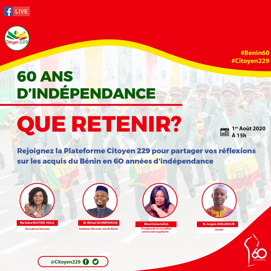 60 ans d'indépendance au Bénin. Que retenir ? Nous en avions parlé ce jour avec Me Gracia NOUTAIS-HOLO, Michel SOUNKPEHOUE, Emma GAGA et Angelo ADELAKOUN. Retrouvez l'intégralité du Facebook live ici m.facebook.com/story.php?stor… #Citoyen229 #wasexo #Benin60