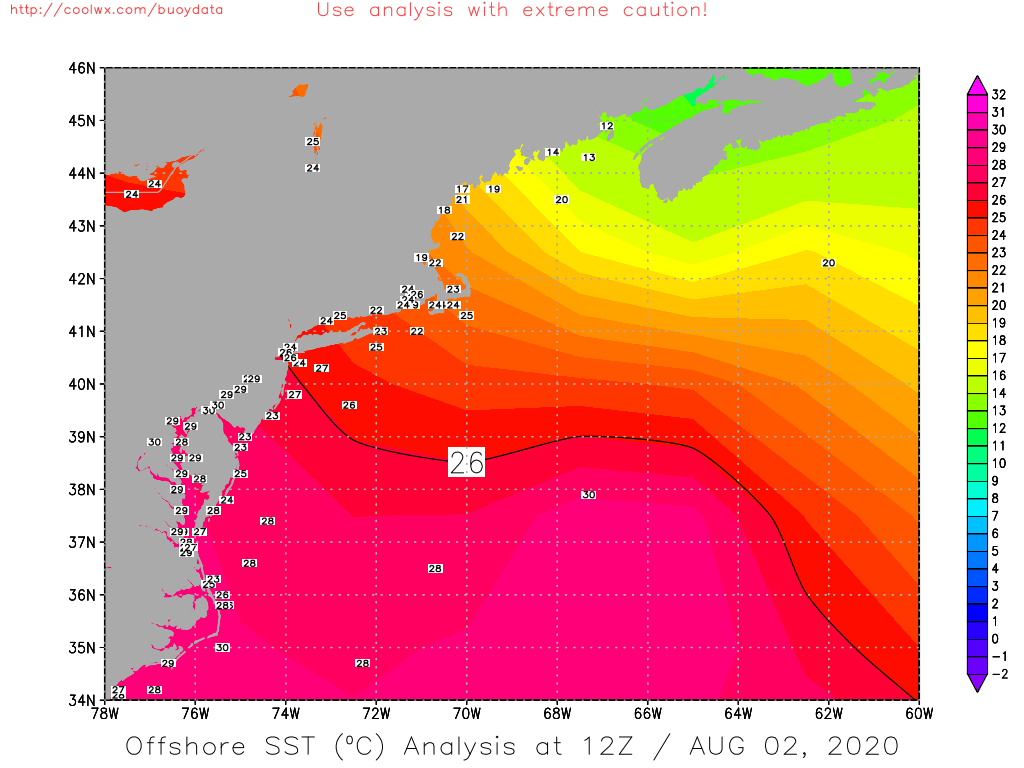 The well above normal SSTs off the NE US coast, particularly in Chesapeake and Delaware Bays and just south of LI, won't hurt  #Isaias's chances of maintaining organization as it tracks just inland of mid-Atlantic/New England coast.