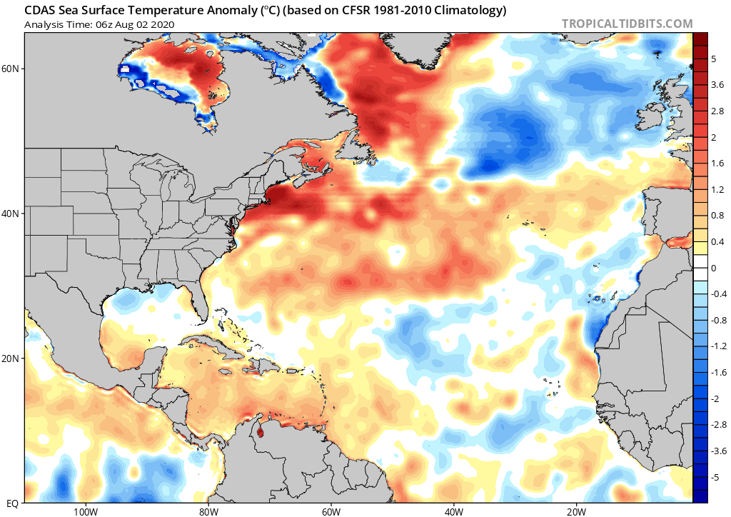 The well above normal SSTs off the NE US coast, particularly in Chesapeake and Delaware Bays and just south of LI, won't hurt  #Isaias's chances of maintaining organization as it tracks just inland of mid-Atlantic/New England coast.