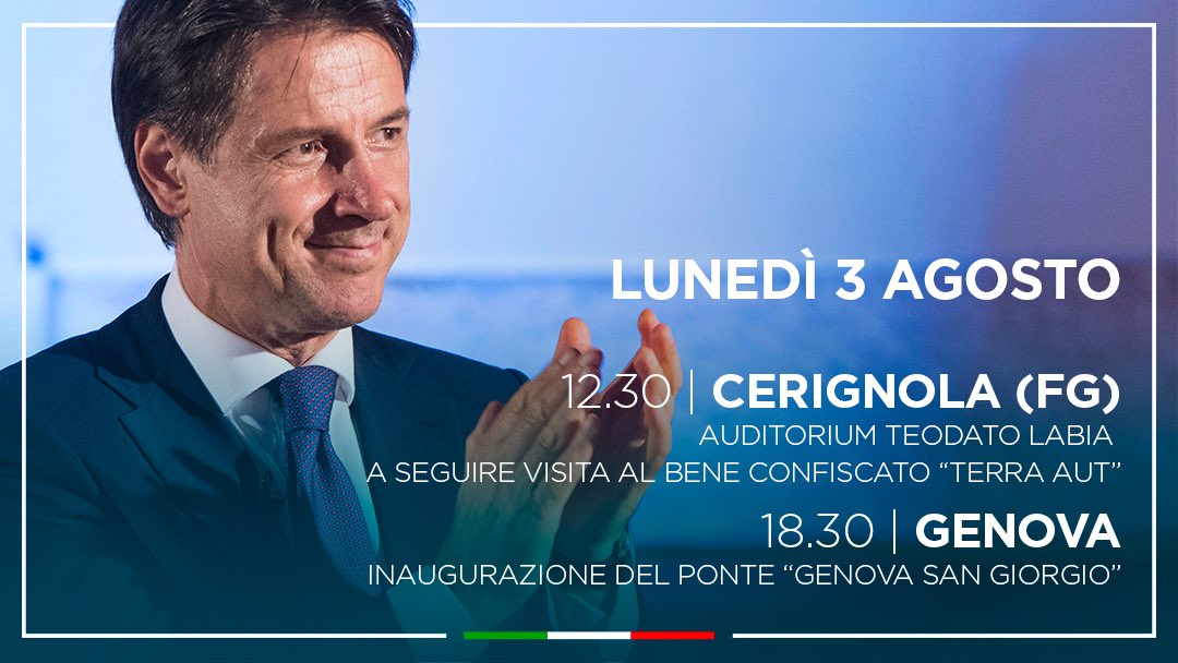 Domani mattina sarò a Cerignola (FG) per confrontarmi con gli studenti e visitare un bene confiscato alla mafia. Nel pomeriggio sarò all’inaugurazione del Ponte ‘Genova San Giorgio’: da una ferita che resta difficile da rimarginare il simbolo di una nuova Italia che si rialza