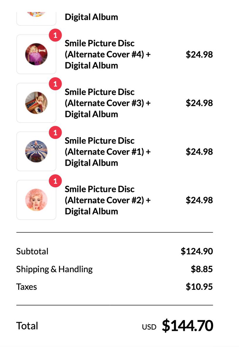 It’s $144.70 for All 5 Special Edition Vinyls I’m honestly just going to buy 1 of them which is Cover 2 the Pink Haired One  #Smile  #SmileSunday  @katyperry