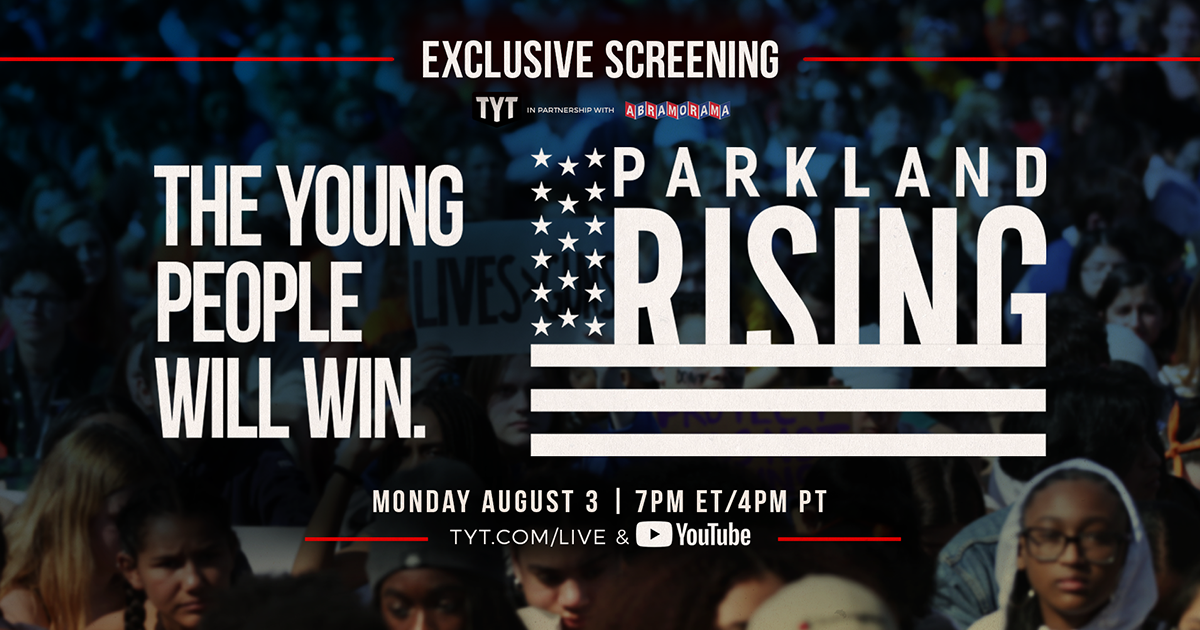 TONIGHT! <a href="/TYT/">TYT</a> is hosting an exclusive screening of #ParklandRising TODAY (Aug 3) at 7pm ET/4pm PT on YouTube.com/TheYoungTurks and TYT.com/Live, in partnership with <a href="/abramorama/">Abramorama</a>