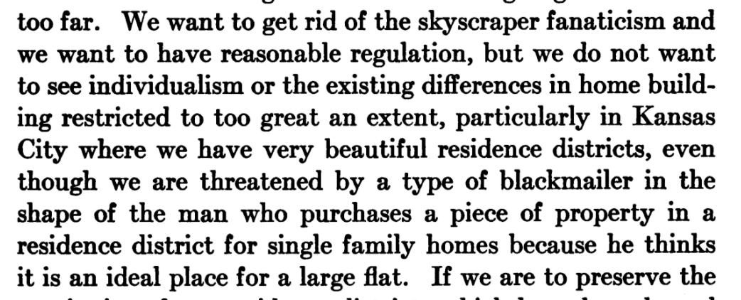 Ashley's stated interest in zoning is "to get rid of the skyscraper fanatacism" and the "blackmailer" wishing to build "a large flat" endangering "the continuity of our residence districts". Scary stuff here.