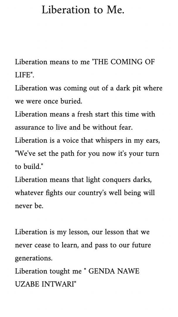 amyabayo's tweet photo. "WHAT LIBERATION MEANS TO ME"

#Rwanda #kwibohora26 #Rwot @AkageraAviation https://t.co/wwqRO4I5Lm