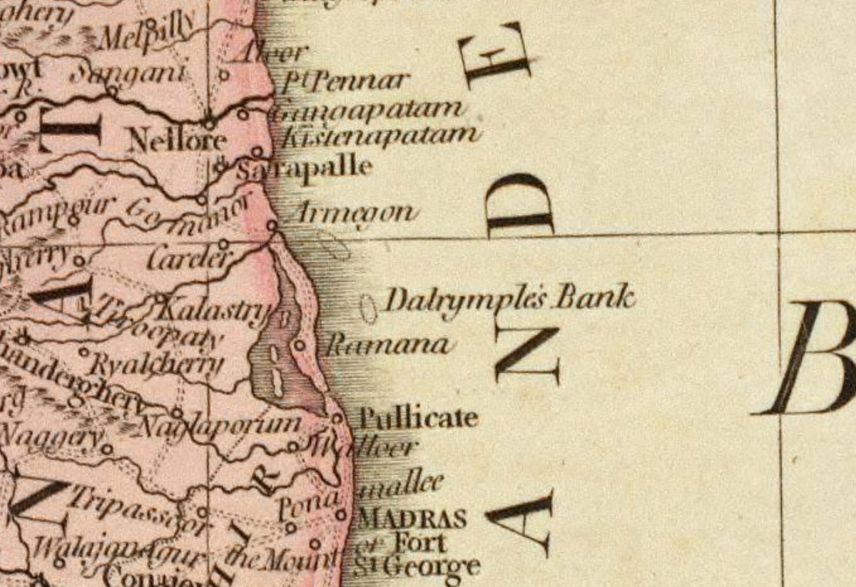 mapsbysagar's tweet photo. Dalrymples' Bank. Found this on a 1800 map of Carnatic. Reminded me of you @DalrympleWill 😀😀 https://t.co/9ZkSIAMvnH