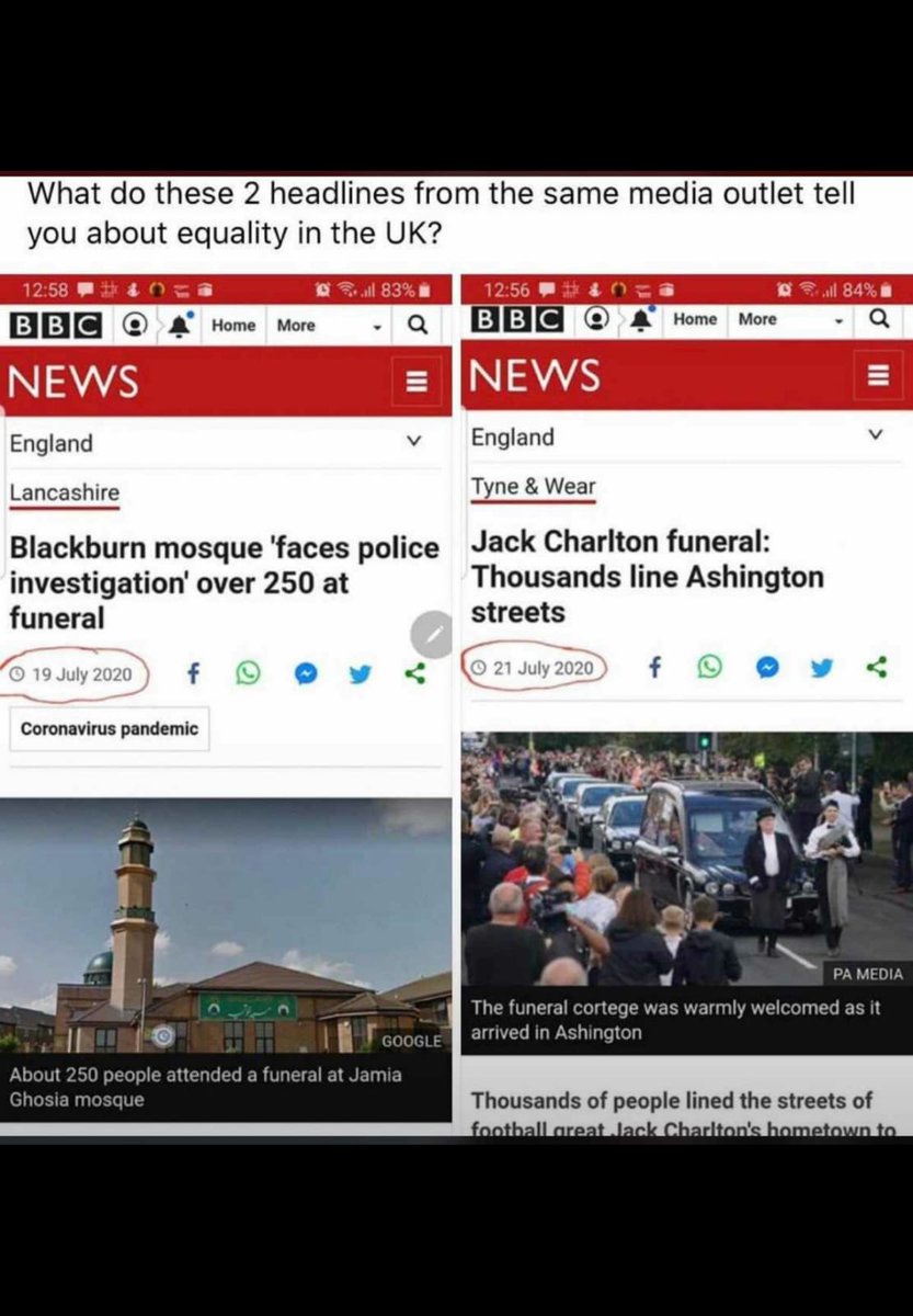 Or see the subtext to the reporting of events pertaining to BAME communities and  #COVID19, exceptionalising them to a higher standard & disproportionately punishing them when they step 'out of line' (also see how BAME were fined x2 for lockdown breaches:  https://www.bbc.co.uk/news/uk-england-london-52905787)