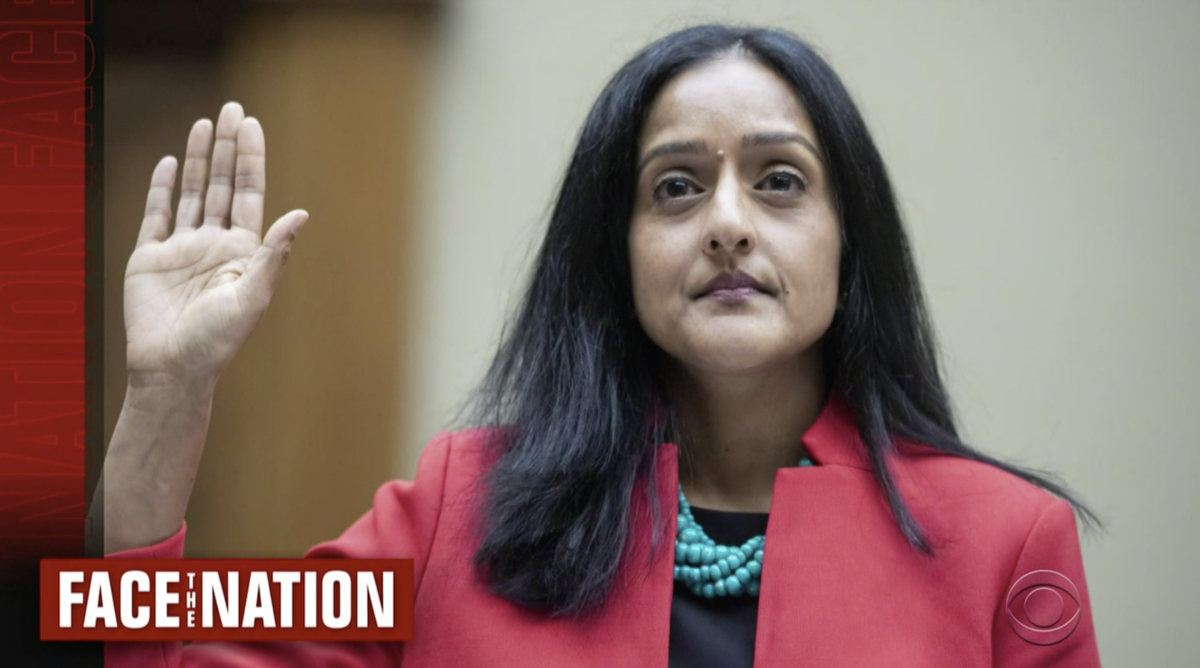 A screenshot of Face The Nation on CBS shows a photo of Vanita Gupta, who will appear on the program today.
