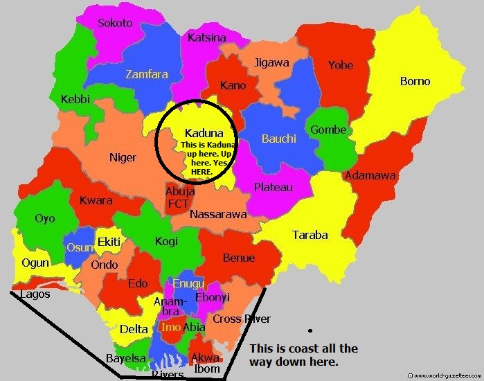 Three late additions.1. Kaduna Dry Port.That's Kaduna up there. That's the coast down there.The Accidental Public Servant's brainwave = Locate an inland port in Kaduna, approximately 836.8KM away from the nearest coastline.