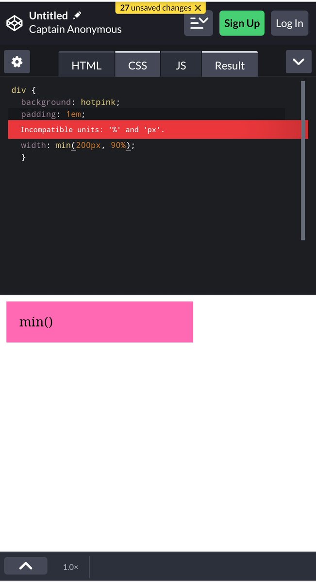 alejandro_mur's tweet photo. I know today is #sunday but anyone out there knows why the #sass compiler throws an error with the message "Incompatible units" when trying to use min() or max() #css functions?
At least it doesn't happen with clamp() ,😅
@CodePen #codepeners https://t.co/tO2ahpIZmJ