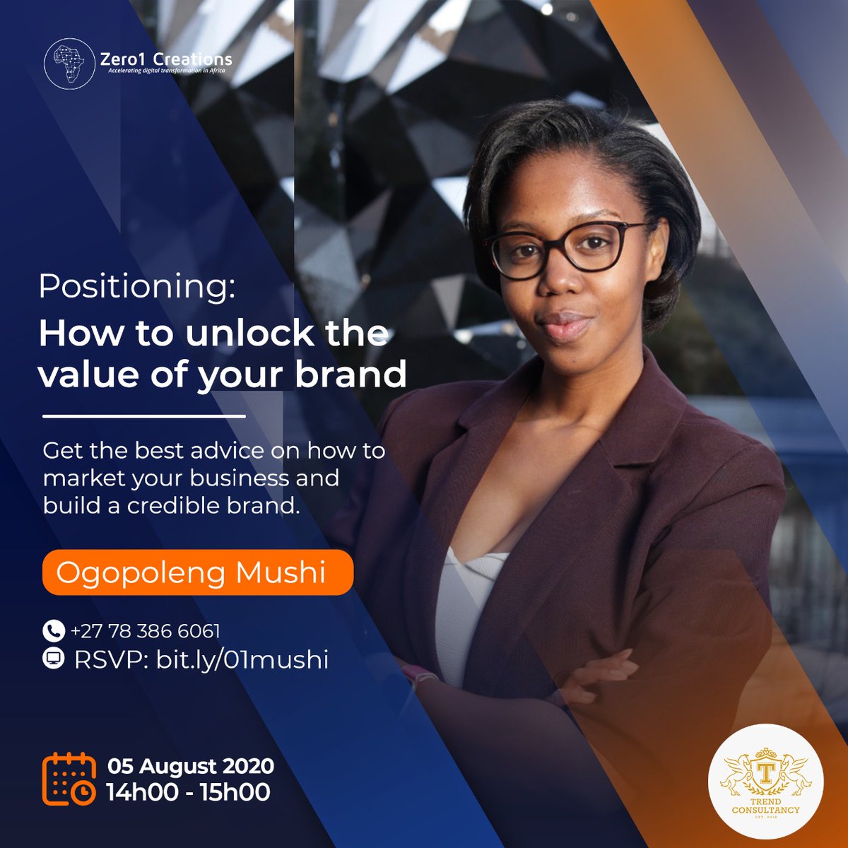 Zero1Creations's tweet photo. Join us as we host Ogopoleng Mushi, a brand development and management expert, Founder &amp; Creative Director of Trend Consultancy. We will be chatting to her about How To Position A Brand In Order To Unlock Maximum Value. 

Register at https://t.co/yi2n8sJKxG

#Branding #Marketing https://t.co/i7Cpwl1Ld2