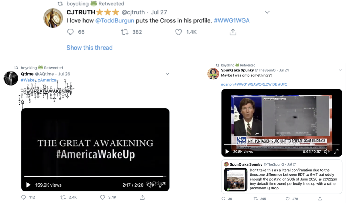 Trump this morning amplified 6 times a pretty big QAnon account (which he previously amplified last September & October), along with amplifying another QAnon-promoting account.