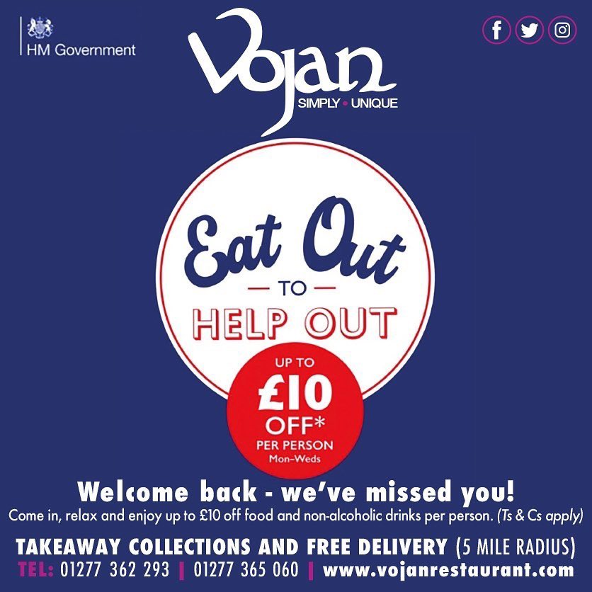 Join us throughout August (Monday - Wednesday) and enjoy a huge 50% Off your food and non-alcoholic drinks bill as we have registered for the Eat Out To Help Out Scheme! #EatOutToHelpOut #eotho #Indian #Ongar #Epping #Essex #SpecialOffer