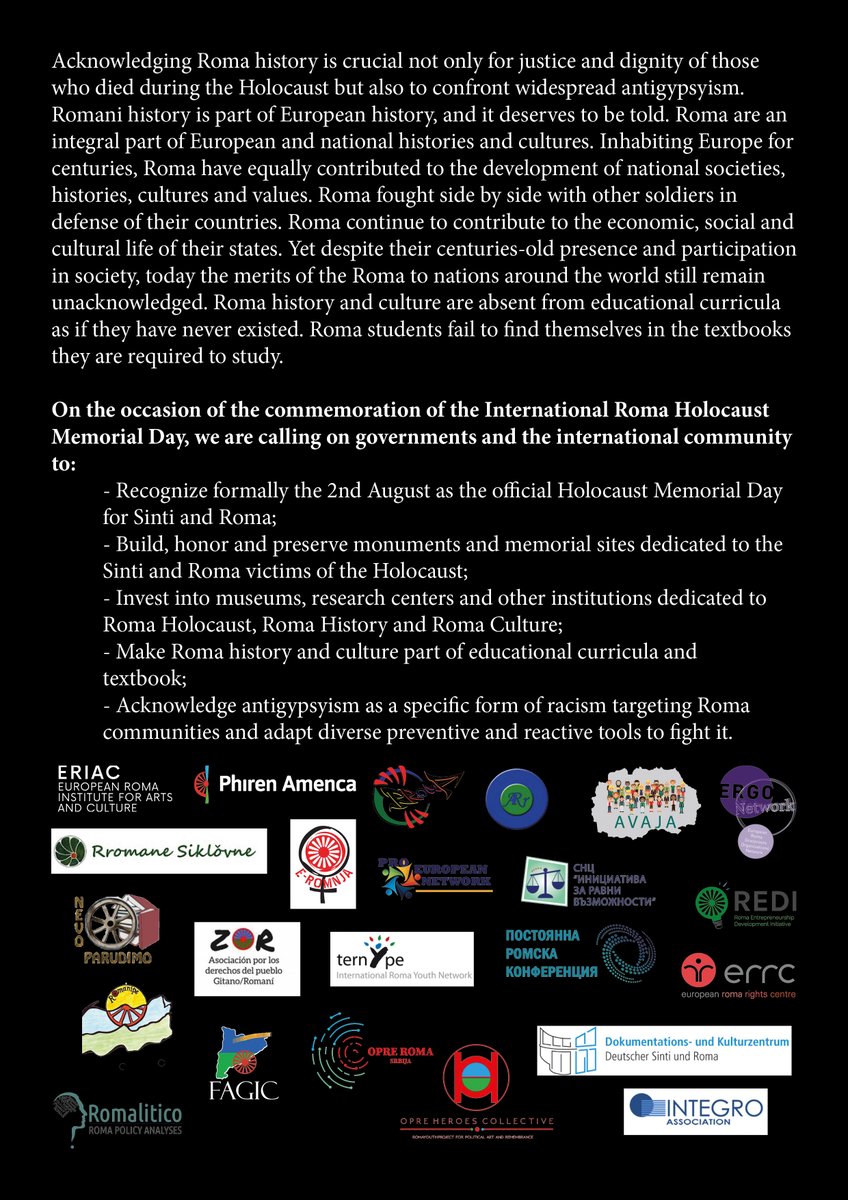 Today and every day, #RomaRemember #2August.
Today and every day, we honor the memory of the victims and survivors of the #RomaniGenocide. 
Today and every day, we act to prevent such atrocities from happening again and again.
Today and every day, we demand recognition &amp; dignity.