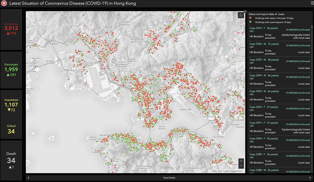 Why does data matter so much in #COVID19 and why is the UK getting it wrong? A thread on transparency. And it starts with this. This is the Hong Kong govt's dashboard for the pandemic. It's extraordinary. Every single case mapped, down to the apartment block they live in...