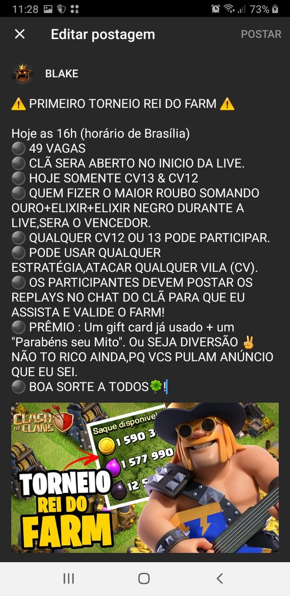 TioBlake's tweet photo. Tu manda bem na hora de FARMAR?
Então cola lá que eu quero ver AO VIVO! 1° TORNEIO REI DO FARM!
Hoje as 16h no canal.
#ClashofClans #Blake300k https://t.co/hS9cWHWXAp