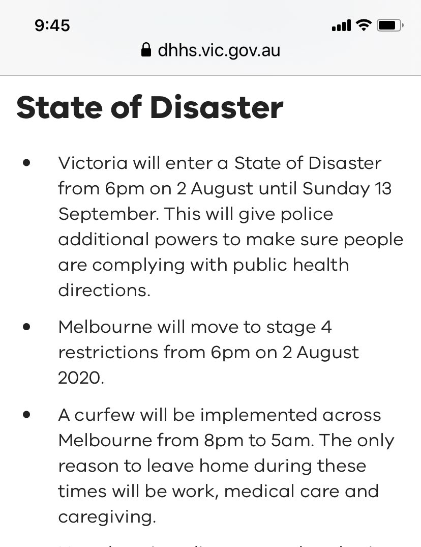 Victoria’s new restrictions include a curfew from 8pm-5am, one hour of outdoor exercise per day, no more than 2 in a outing; all schools remote; only leave home for food/supplies, medical care or work if it can’t be done remote; masks required outside the home.