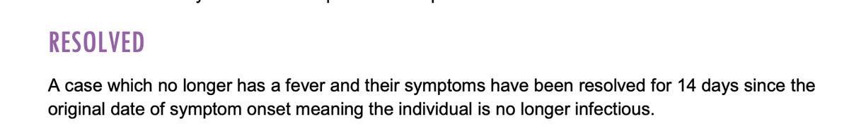 ... usually at 4pm the day before then reports at 1030am next day.2. They use different definitions for resolved. Eg, York uses this definition which is based on presence of symptoms. That means York will have fewer resolved (and therefore more "active") as seen in next tweet.
