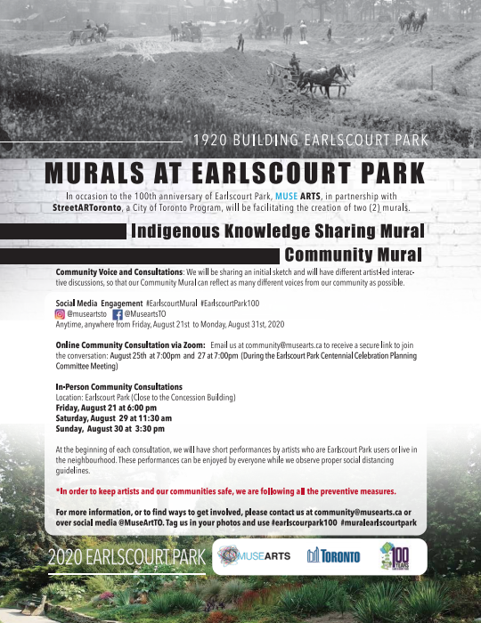 Exciting news for Earlscourt Park! 🌳💚🎨 In honor of the #EarlsCourtPark100 the park we are getting new murals! Check out the poster below for more info on how to attend one of the community consultations and join the conversation. @museartsto #MuralEarlsCourtPark