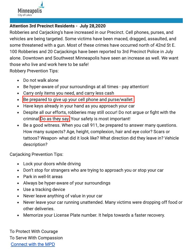 johncardillo's tweet photo. Here is the memo from Minneapolis PD telling people to prepare to be robbed, obey criminals, and hand over their belongings. 

This where we are now. 

(Source: https://t.co/6FonUOf4iQ) https://t.co/PxsoZZyFGP