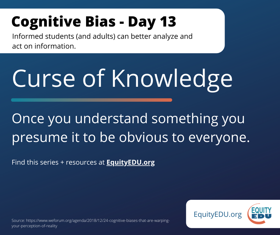 EquityEdu's tweet photo. Cognitive Bias - Day 13
- How does this impact students?
- How does this impact you as an educator?
- How can we address it?
#EquityEDU
https://t.co/aQYp3cbyYk https://t.co/0TvmnxTBFH