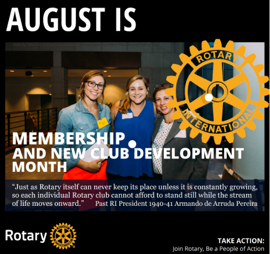 August is Membership &amp; New Club Development Month! 
Our club is still meeting virtually - every Monday from 12pm - 1pm. Please send us a message if you're interested in joining us on Zoom or to learn more about Rotary!
#Rotary #RotaryInternational #ServiceAboveSelf