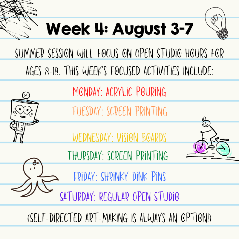 buildingCOURAGE's tweet photo. Here's the week ahead at a glance! We have two Open Studio sessions per weekday from 1-3pm (for ages 8-13) and from 3:30-5:30p (for ages 13-18). Each day, we'll feature a focused art project noted above. Review our COVID requirements &amp; reserve your space! 
https://t.co/AxM4SOagmF https://t.co/dwCzZjgGh6