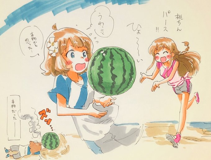 今日の桃子ちゃんセンパイ。とうみみん。のラクガキ。スイカパスうみみん。とセンパイ。 