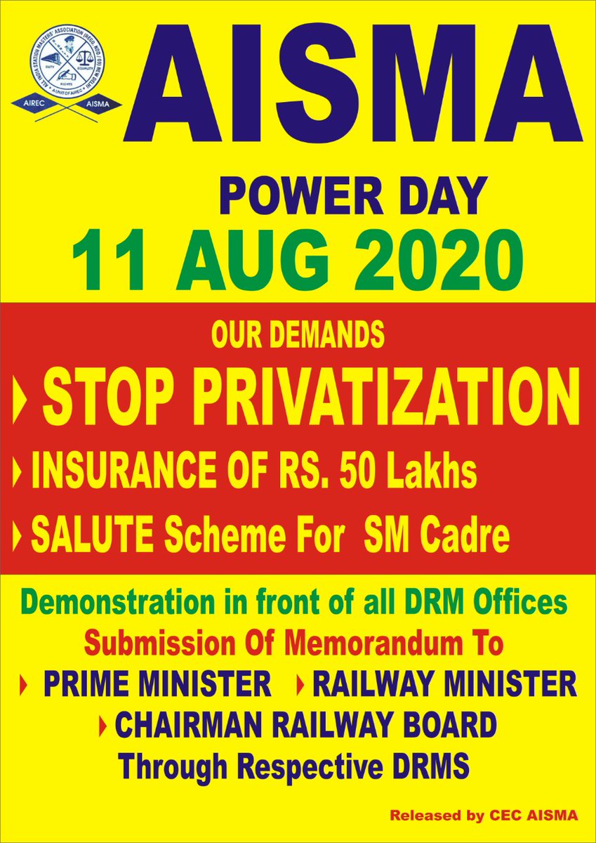 amarsingh_ryf's tweet photo. Stop privatization of #IndianRailways .
Consider all Railways employees as Front line warriors and provide Insurance of ₹50Lakh.
Join @AllAisma on 11th August to show our unity on #AismaPowerDay .
Jai AISMA. https://t.co/odiM4rPYTr