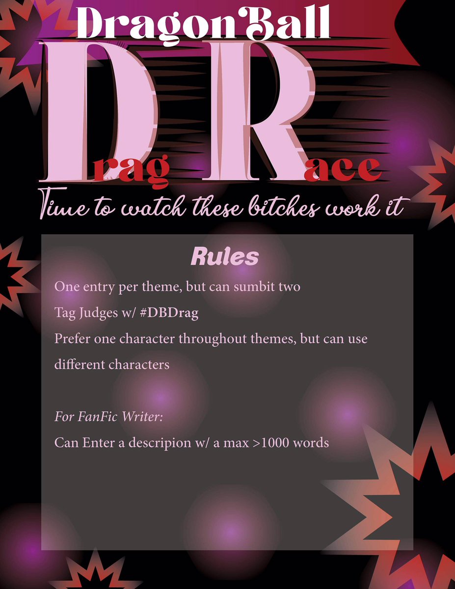 queenshadow's tweet photo. Proud to announce the official Prompts/Dates/Rule/judges for #dbz #DragRace #DBDrag
W/ the wonderful judges: @nutmeg3_7 @hanna_lecter @MiraiVashsfreak and me. https://t.co/bQ10whgRM8