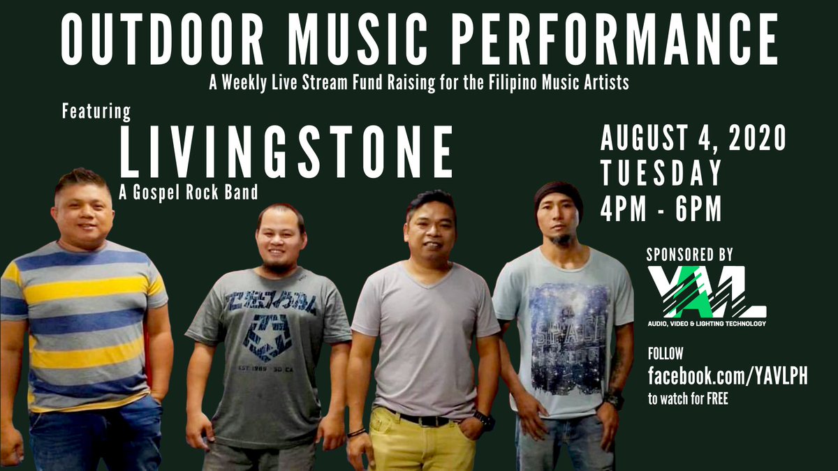markyuloaudio's tweet image. OUTDOOR MUSIC PERFORMANCE
A Weekly Live Stream Fund Raising for the Filipino Music Artists
Featuring: LIVINGSTONE, A Gospel Rock Band
AUGUST 4, 2020 | TUESDAY | 4PM - 6PM

SPONSORED BY YAVL CENTER

#YAVLEvents
#LiveStream
#Gospel
#GospelRock

facebook.com/events/3418709…