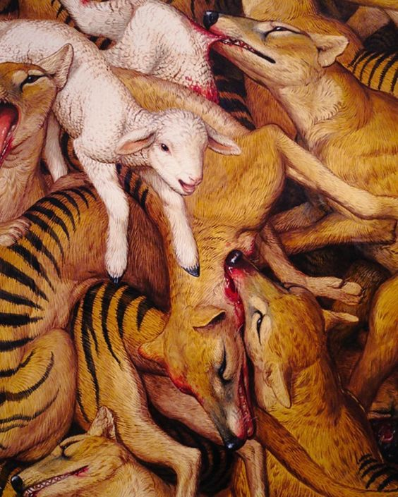 Detail shows Thylacines attacking innocent lambs & each other, a window into the minds of 19th century British colonists, who believed that wiping out both the Thylacine & the indigenous Tasmanian peoples was the best way to spread Western culture to a "savage, untamed" land.