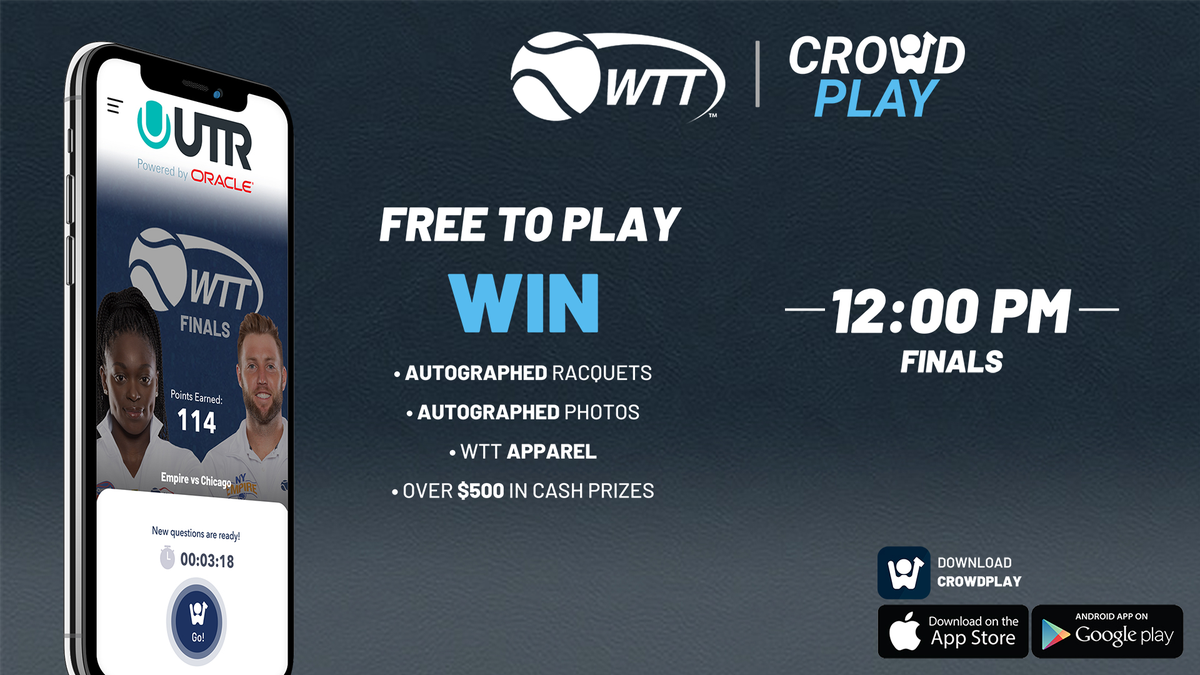 WorldTeamTennis's tweet photo. PLAY &amp; WIN TODAY ‼️ Whether you watch the #WTTChampionship from your couch or in person at @The_Greenbrier download the FREE @CrowdPlayApp for your chance to win CASH 💰 and PRIZES 🎁 including racquets signed by The Bryan Bros, Sam Querrey, Sloane Stephens, Taylor Fritz &amp; more! https://t.co/4kLo8mVrLx