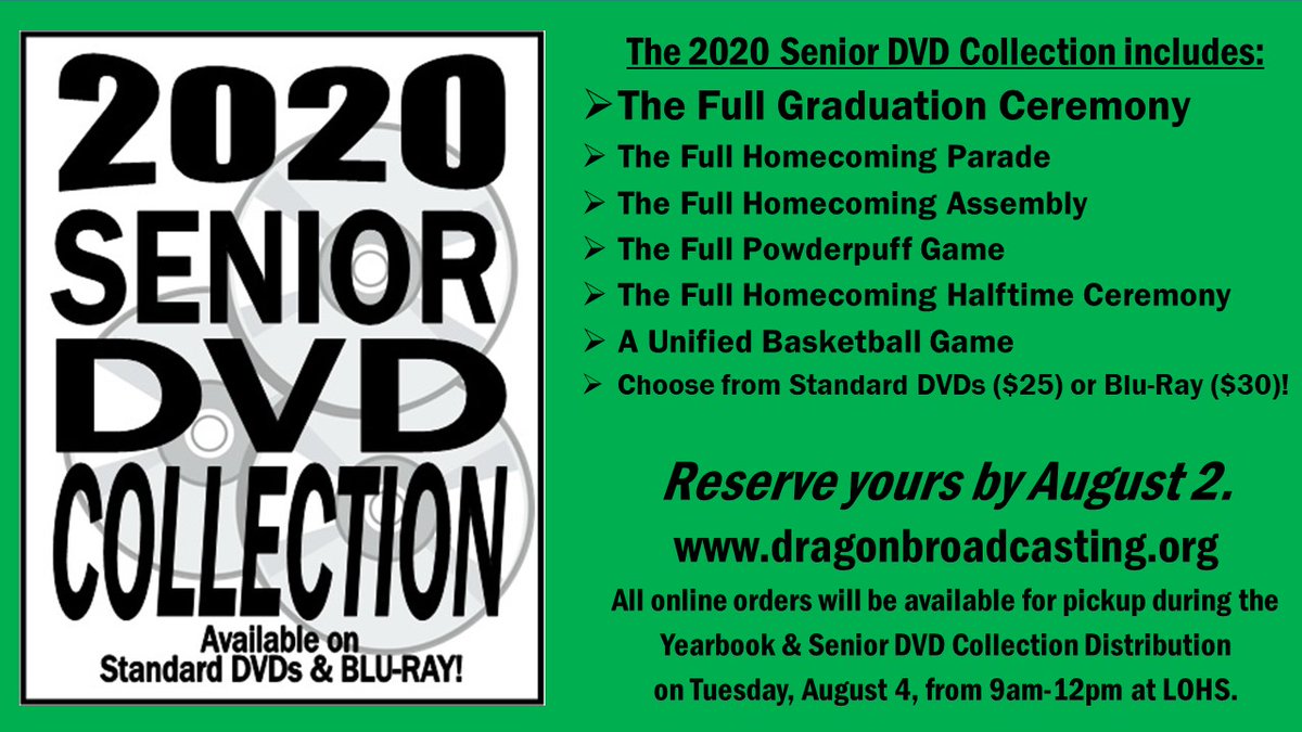dragoncast's tweet photo. LAST CALL!  TODAY is the last day to guarantee a copy of the 2020 LOHS Senior DVD Collection.  Order online today at https://t.co/6FpoD1wkVI, and we'll have it ready for you at this Tuesday's Yearbook &amp; DVD Distribution (9am-12pm at LOHS)! @LkOrionHS @LkOrionSchools @DragonYbk https://t.co/KFwwPtM6HX
