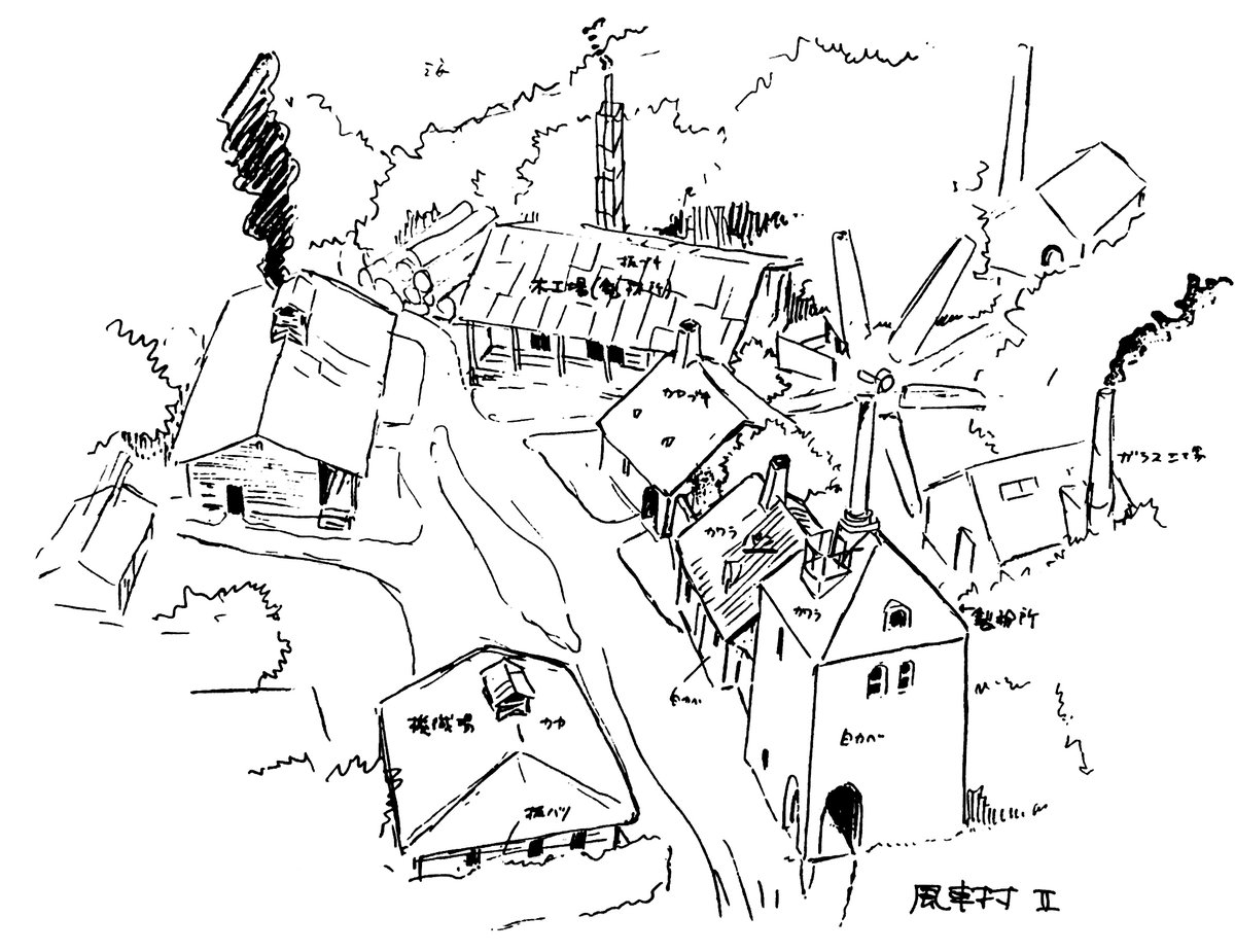 風車村の設定。
シャンの家から湖を回って東端の海岸付近に位置。
風車のある製粉所、機織場、パン工房、木工場、鍛冶屋(製鉄場)が在る。
機織場の少女たちには余り大塚康生さんの修正が入っていないような(苦笑)。 