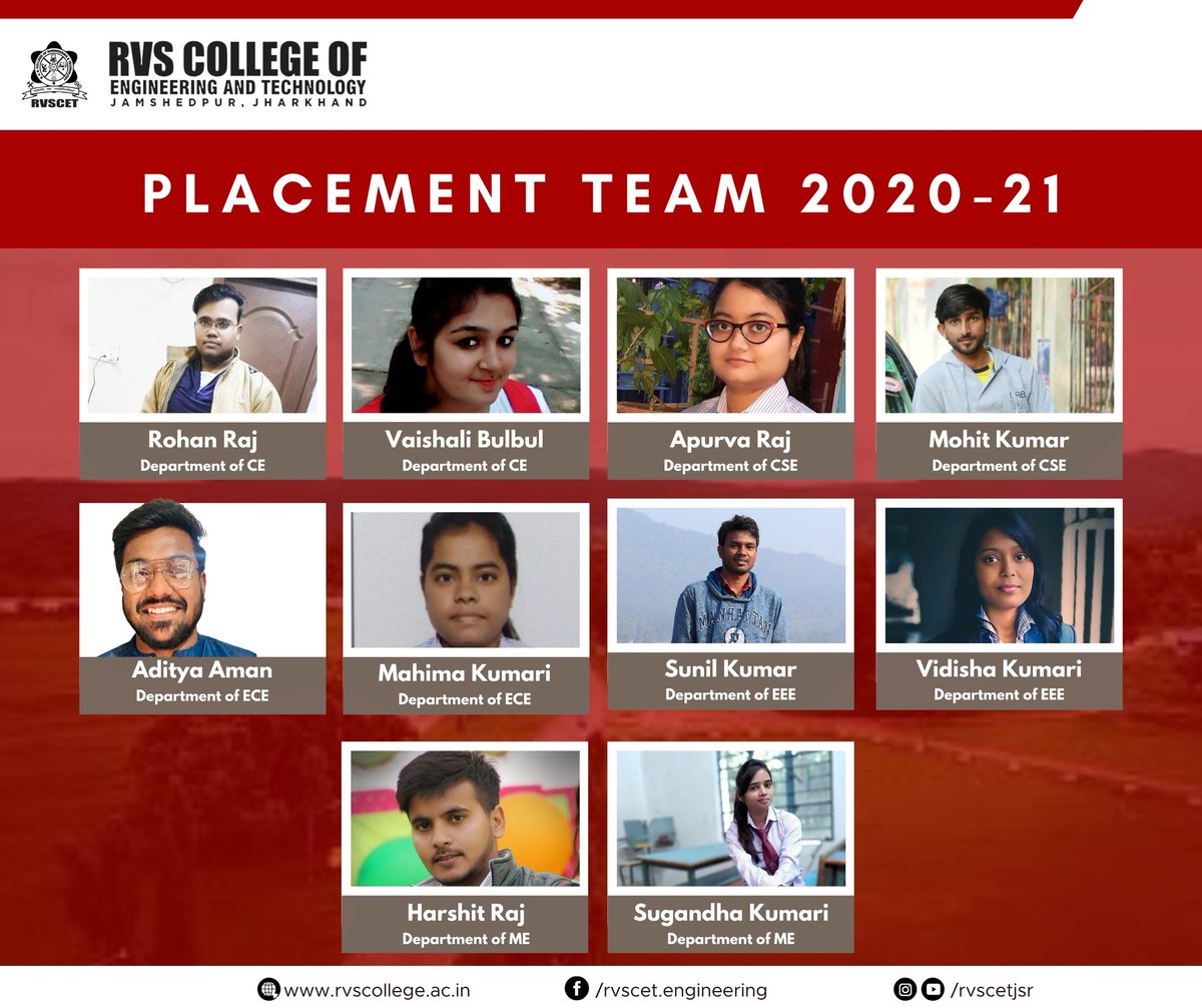 rvscetjsr's tweet photo. Presenting you the #PlacementTeam 2020-21.
Visit:
https://t.co/iypPR8r1tz
#Placement #RVSCollegeofEngineeringandTechnology #RVSCET #Jamshedpur #Jharkhand https://t.co/82c3apNjsA