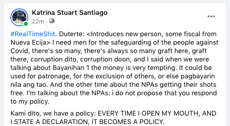 radikalchick's tweet photo. #RealTimeShit, courtesy of #Duterte. This is how he responds to the call of frontliners for #TimeOutNow. #DuterteFail #DefendFrontliners #AddressCovid19NOW https://t.co/F4k341LCQ9