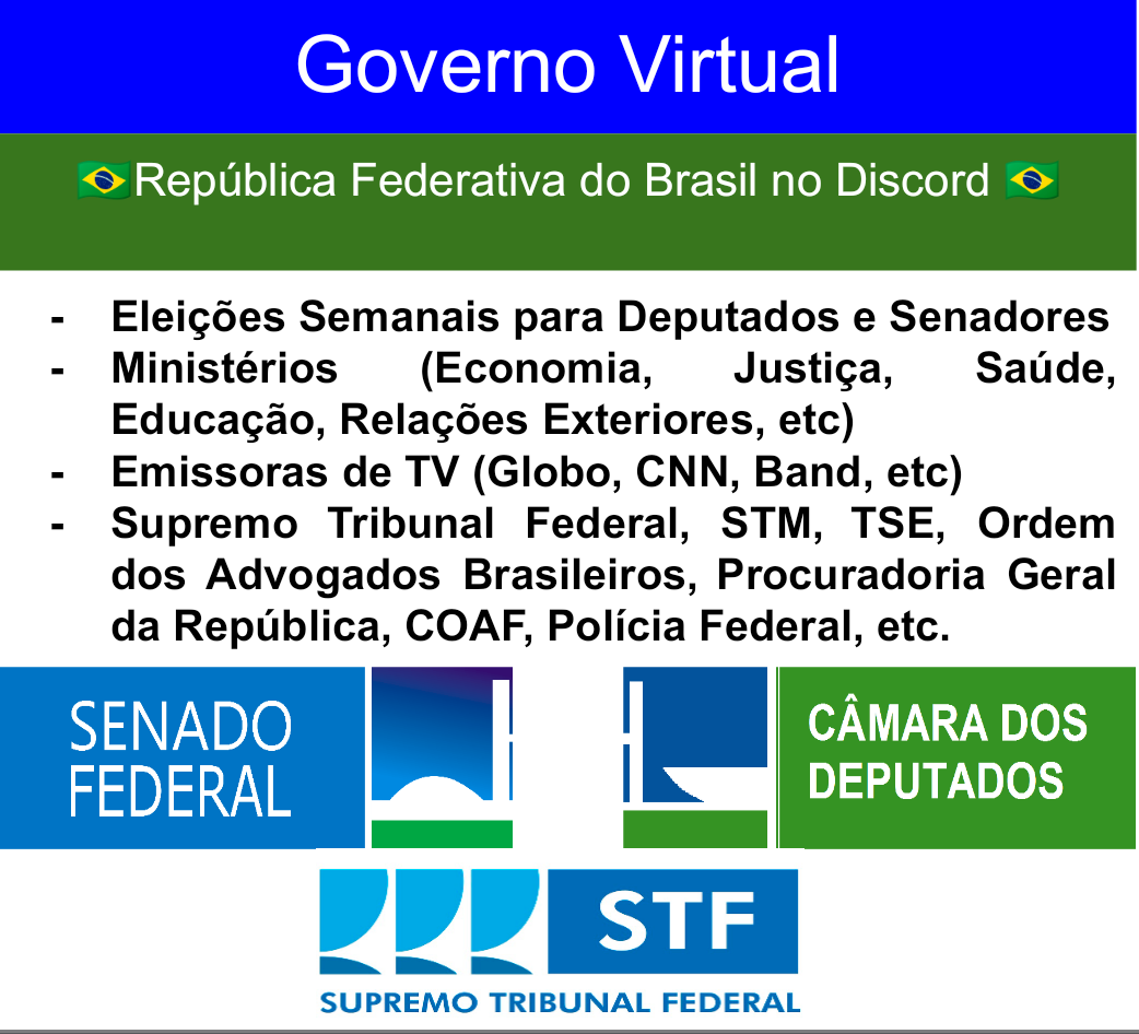 Gov_Virtual's tweet image. O GV é um RPG que simula a política brasileira, desde os personagens às tretas no Parlamento. Está esperando o que para ser mais um brasileiro?
Venha: discord.gg/S2EMqFh