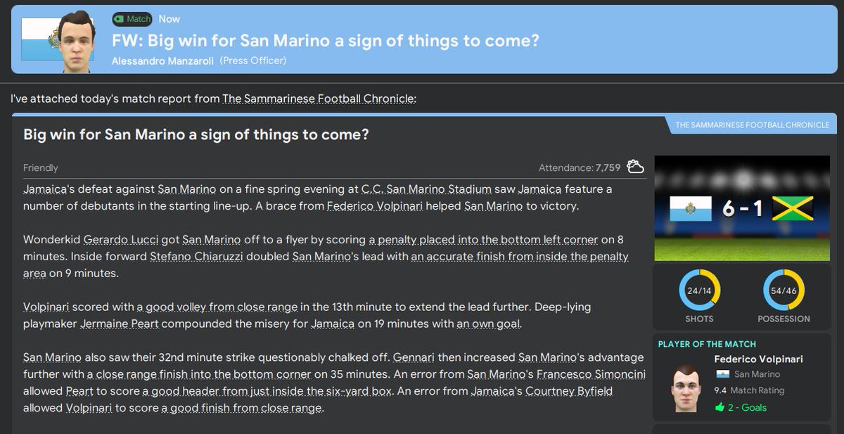 An excellent pair of results in the March friendlies against Jamaica and China. We are also rewarded by moving to San Marino's highest ever position in the world rankings at #114...  #FM20