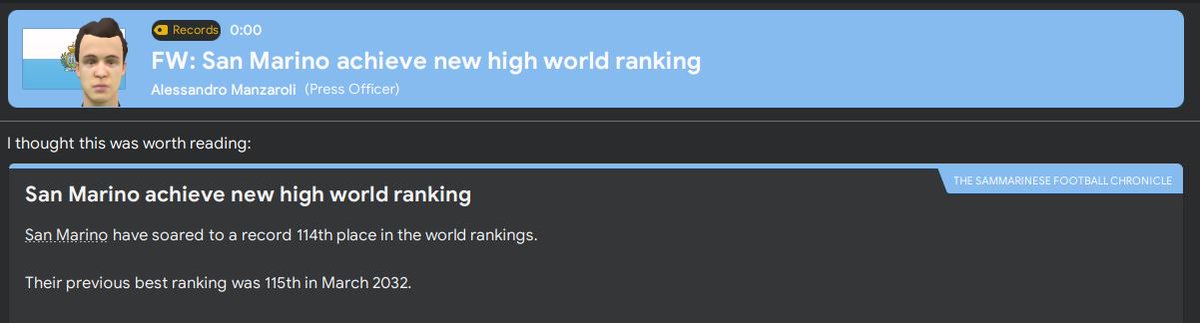 An excellent pair of results in the March friendlies against Jamaica and China. We are also rewarded by moving to San Marino's highest ever position in the world rankings at #114...  #FM20
