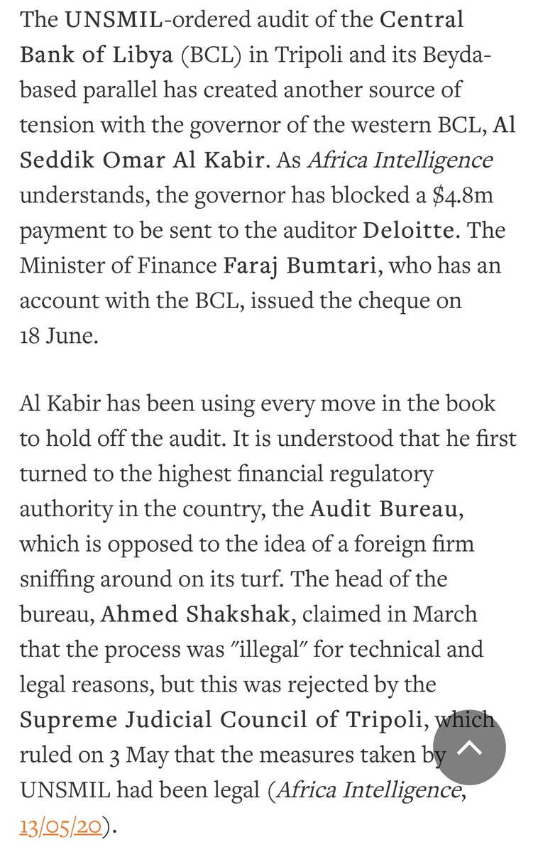 8) Kabir has been fired twice by the parliament. And yet forcibly remained as gov of CBL which funnelled public funds to  #Tripoli+ #Misrata's militia cartels+ to  #Turkey-evading audits and in flagrant violation of law and while  #Libya|ns themselves lack access to basic services.