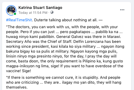 radikalchick's tweet photo. #RealTimeShit 6. #Duterte not talking about ANYTHING AT ALL. But blaming everyone other than himself for the state of #Covid19 response. https://t.co/uJqAsbp9jO