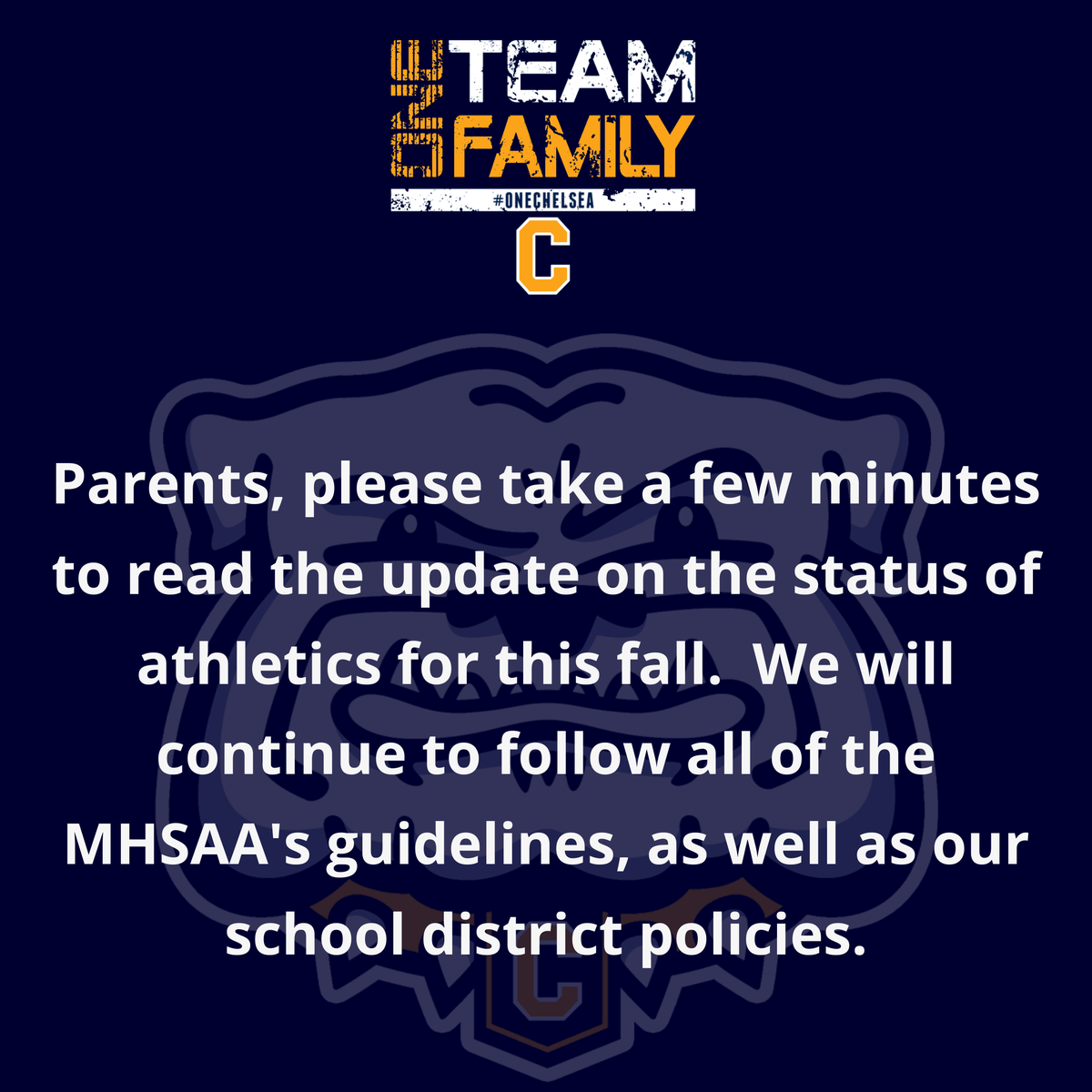 ChelseaBulldogs's tweet photo. Parents, please take a few minutes to read the update from AD Brad Bush on the status of athletics for this fall.  We will continue to follow all of the Michigan High School Athletic Association's guidelines, as well as our school district policies.  https://t.co/IjiKy78V8c https://t.co/MpP0yAU3Co