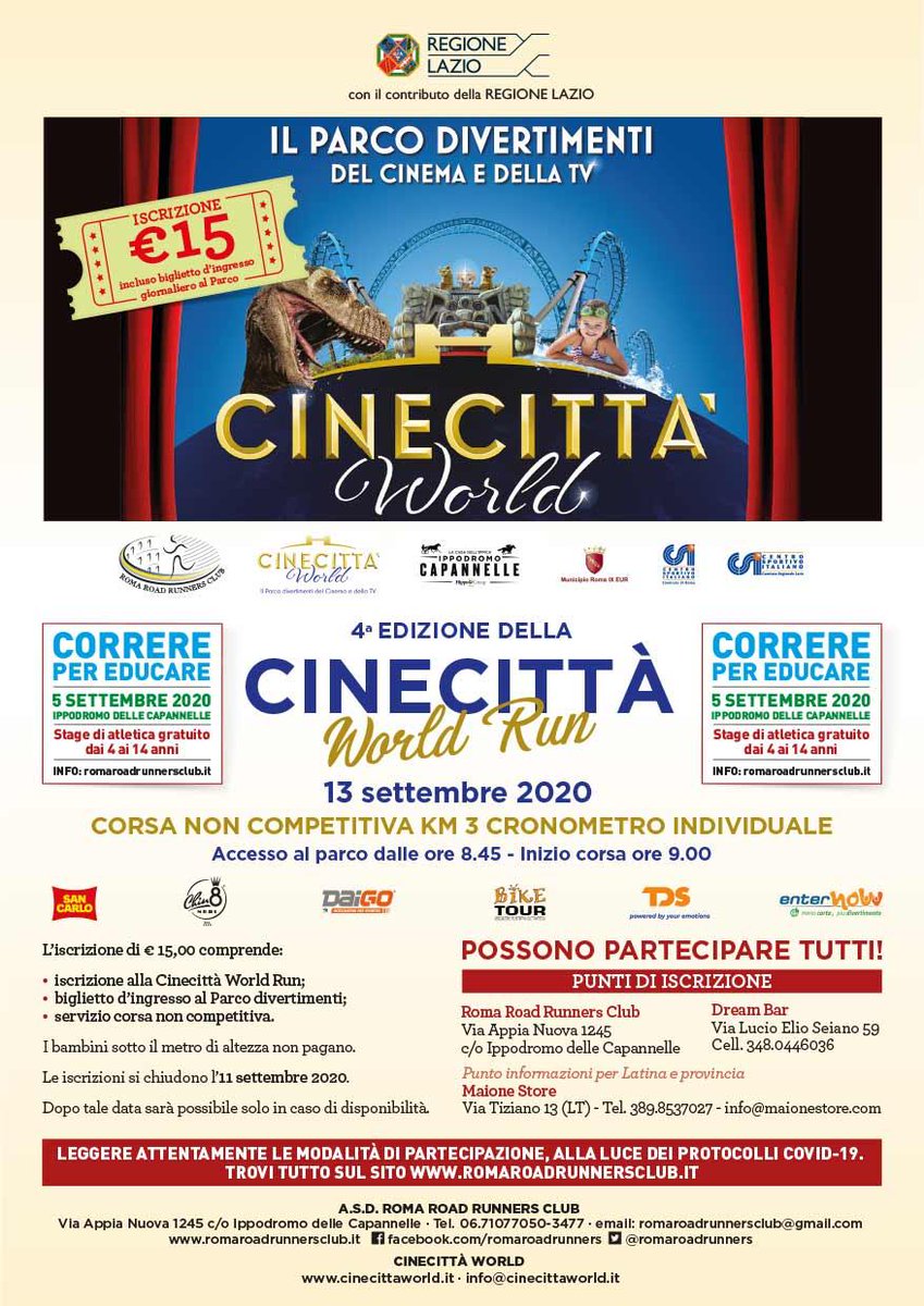 Si è tutto vero, si torna a correre! Il 13 Settembre Edizione n.4 della CINECITTÀ WORLD RUN al parco divertimenti di Castel Romano!! Ma per giovani appuntamento propedeutico il 5 Settembre all'ippodromo delle Capannelle con CORRERE PER EDUCARE. Info su  romaroadrunnersclub.it