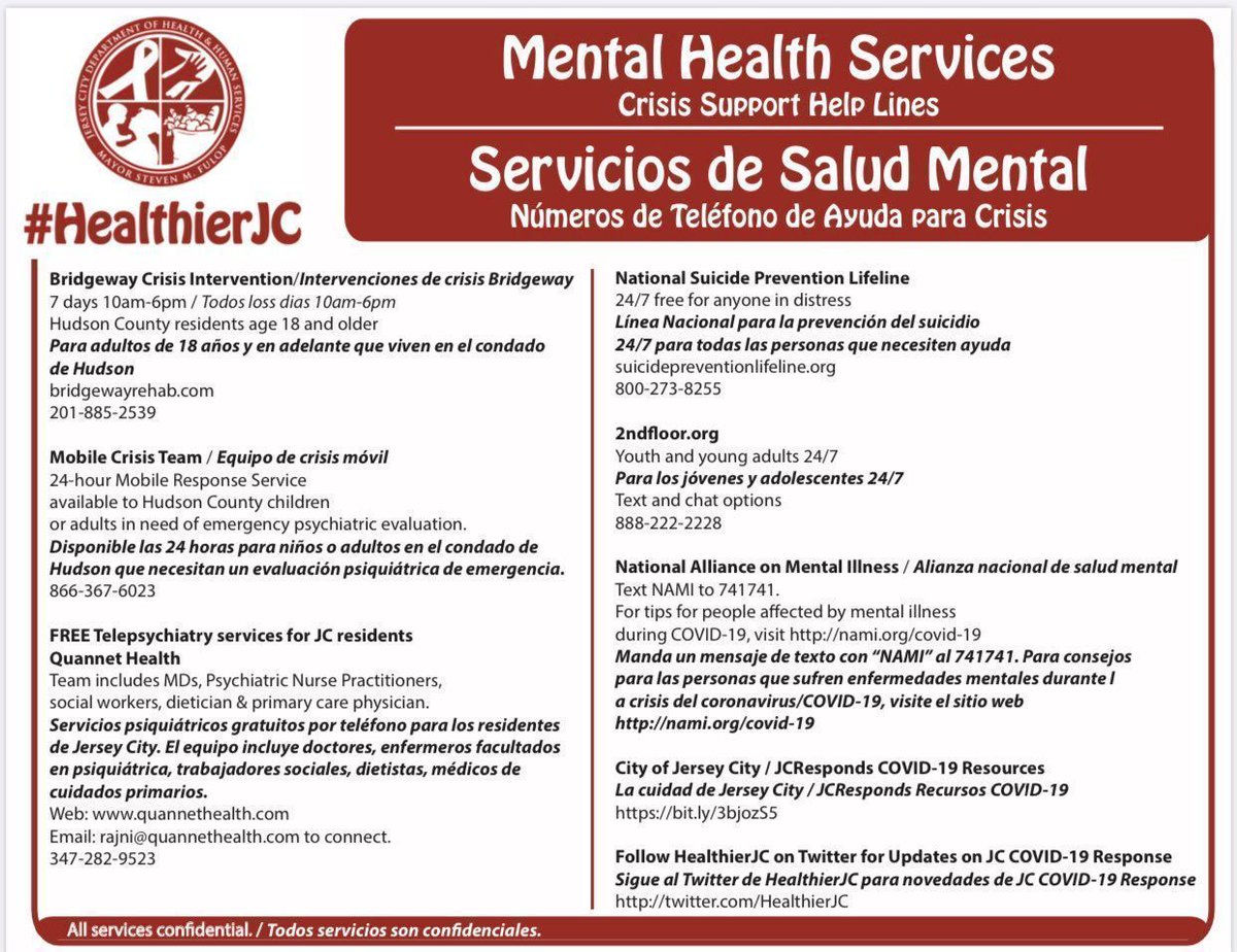 JerseyCity's tweet photo. You are not alone. Help is closer than you think. For crisis support text NAMI to 741741. @namicommunicate
Mental Health Services for a #HealthierJC ♥️🧠 ♥️
Servicios de Salud Mental para un HealthierJC
#JCResponds #JerseyCity #MentalHealth #MentalHealthMatters https://t.co/tJIxZOGEmU