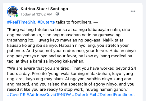 radikalchick's tweet photo. #RealTimeShit, part 7. #Duterte finally talks to healthcare workers. In this terrible way. #DefendFrontliners #TimeOutNow https://t.co/1ewfOzX7kJ
