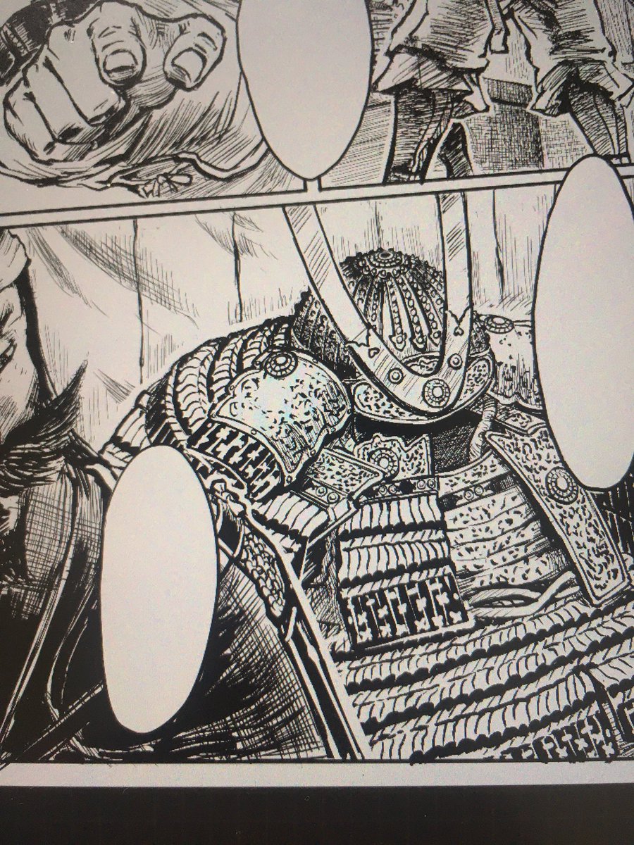 平置きのクシャッとした大鎧を描きたいだけなのでは?と疑われるページ。
ストーリーに必要な小道具として鎧があるから描かざるを得ないだけ! 