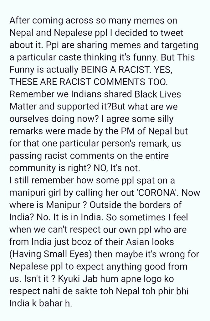 MyThoughtsOnBB's tweet photo. I jst want ppl to undrstnd being a racist isn't cool n will never be.Imagine targeting someone for somethng which they hav absolutely no control over,jst like our body n facial color,we are born in a community.
So pls stop spreading hatred for such things. #Peace #Nepal #India https://t.co/qv3Hg9wDCX